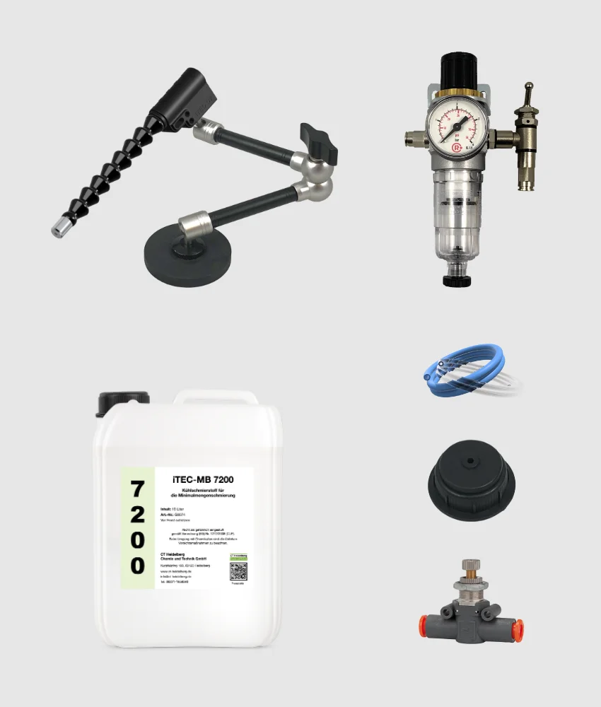 Lieferumfang des iTEC-C7 Startpakets mit Sprühkopf, Druckregler mit Kipphebelventil, Schläuchen, Behälterdeckel, Drosselventil und iTEC-MB 7200 Kühlschmierstoff